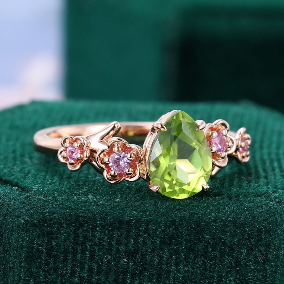 Pear Cut Peridot Cherry Blossom Promise Ring Nature Inspired Engagement Ring (3)