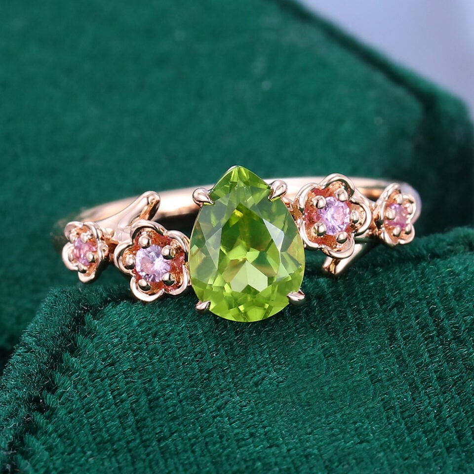 Pear Cut Peridot Cherry Blossom Promise Ring Nature Inspired Engagement Ring (4)