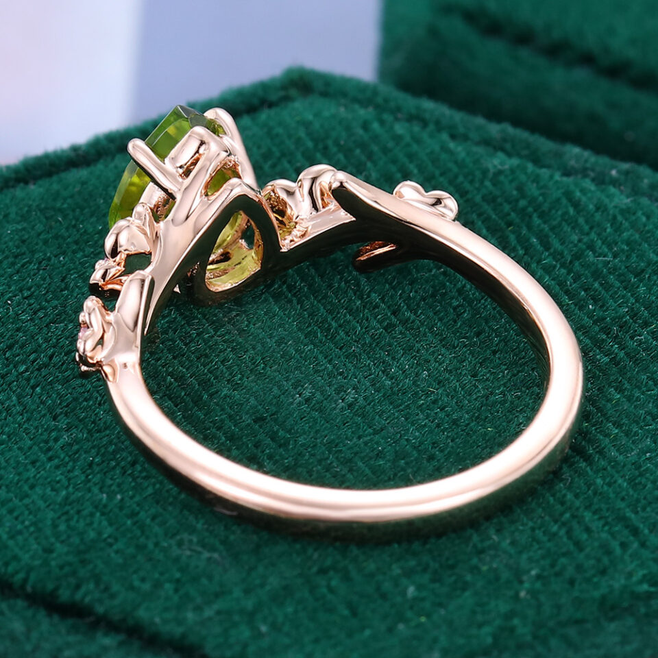 Pear Cut Peridot Cherry Blossom Promise Ring Nature Inspired Engagement Ring (5)