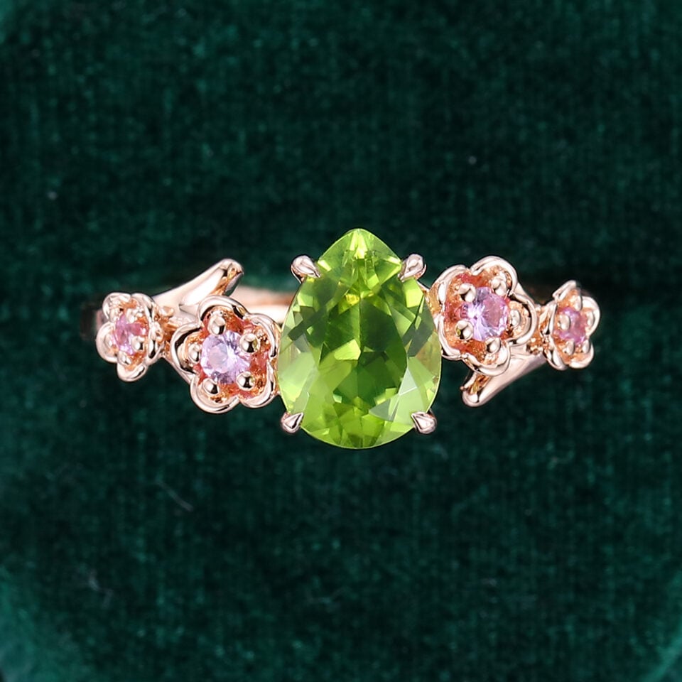 Pear Cut Peridot Cherry Blossom Promise Ring Nature Inspired Engagement Ring (6)