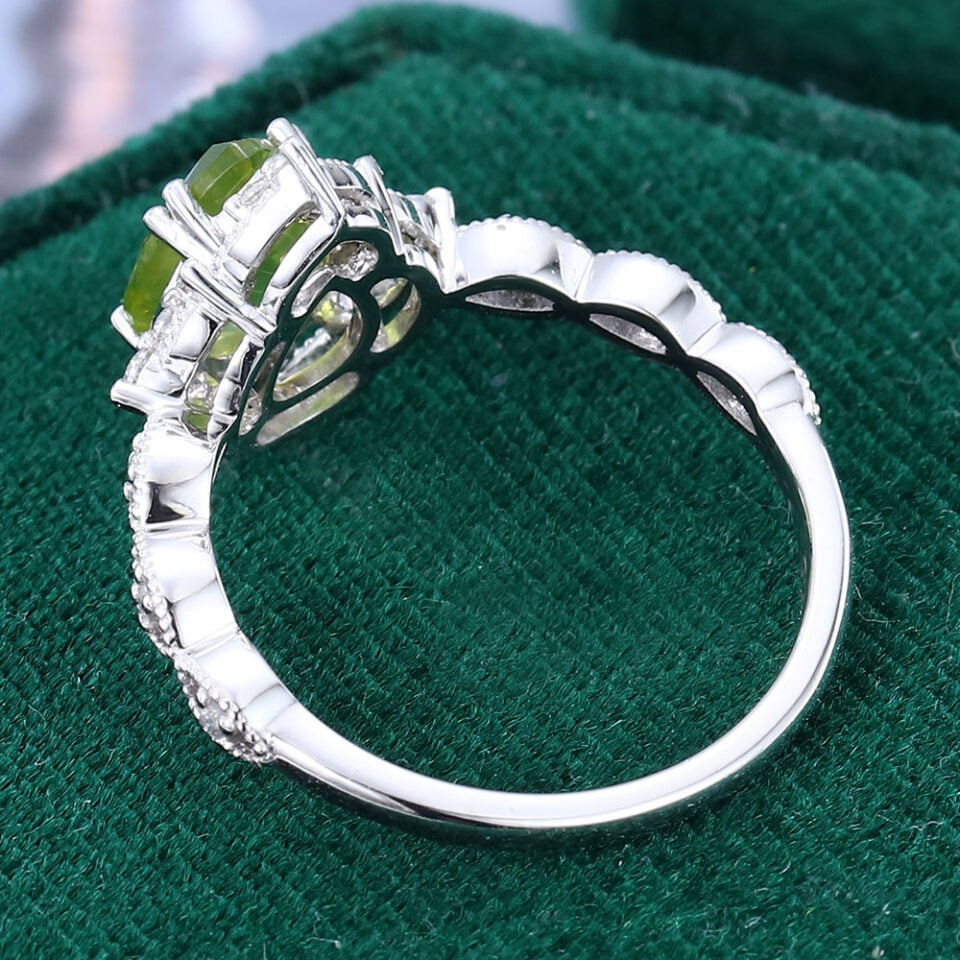 Pear Cut Peridot Engagement Ring Milgrain Lace Halo Promise Ring (10)