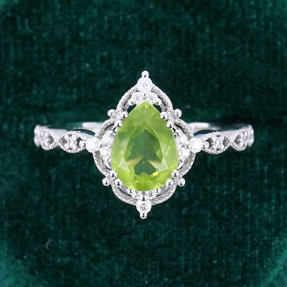 Pear Cut Peridot Engagement Ring Milgrain Lace Halo Promise Ring (5)