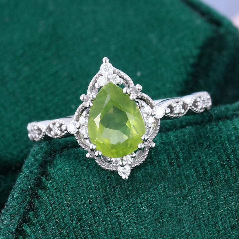 Pear Cut Peridot Engagement Ring Milgrain Lace Halo Promise Ring (7)