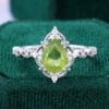 Pear Cut Peridot Engagement Ring Milgrain Lace Halo Promise Ring (8)