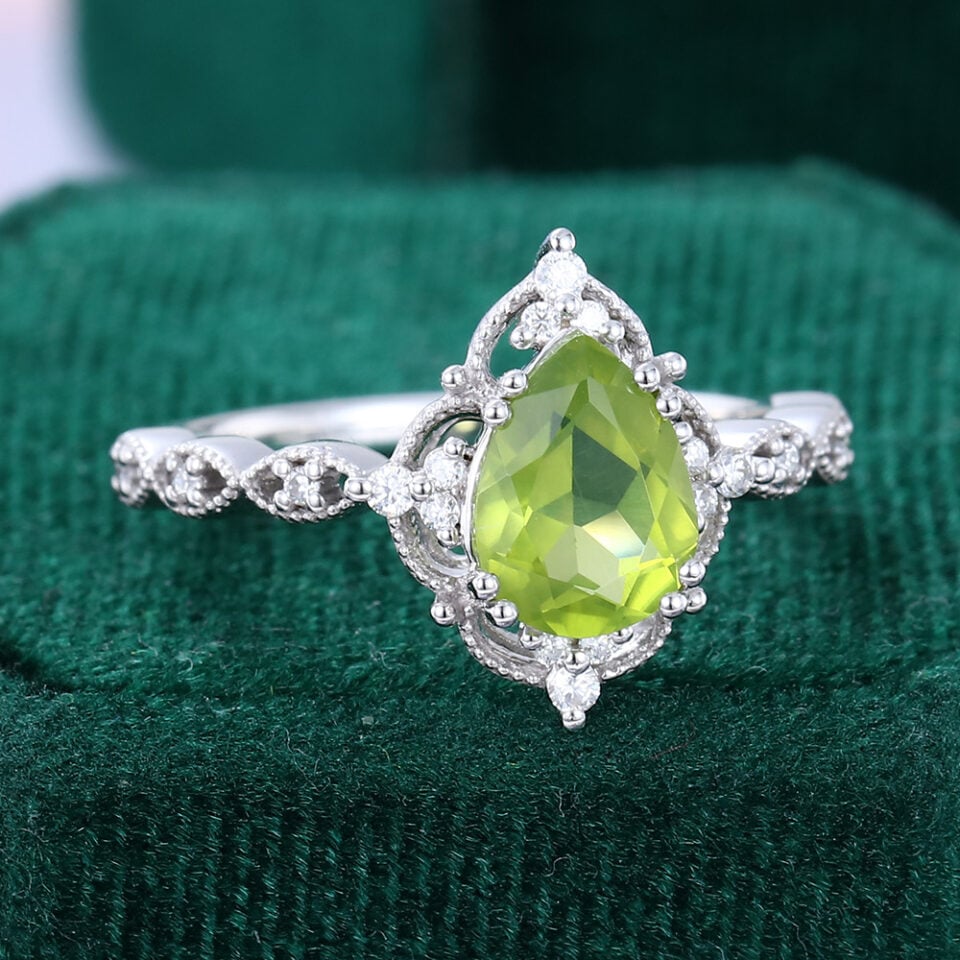 Pear Cut Peridot Engagement Ring Milgrain Lace Halo Promise Ring (9)