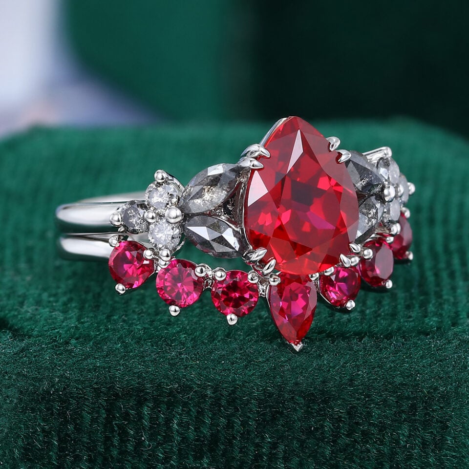 Pear Cut Ruby Bridal Ring Set 2PCS Cluster Engagement Ring Set (3)