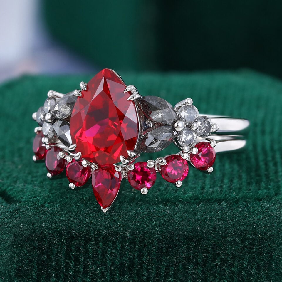 Pear Cut Ruby Bridal Ring Set 2PCS Cluster Engagement Ring Set (4)
