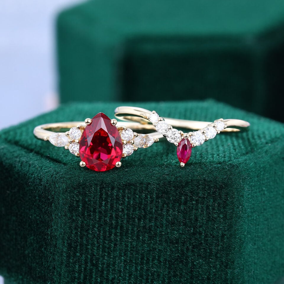 Pear Cut Ruby Engagement Ring Set Classic Cluster Bridal Ring Set (1)