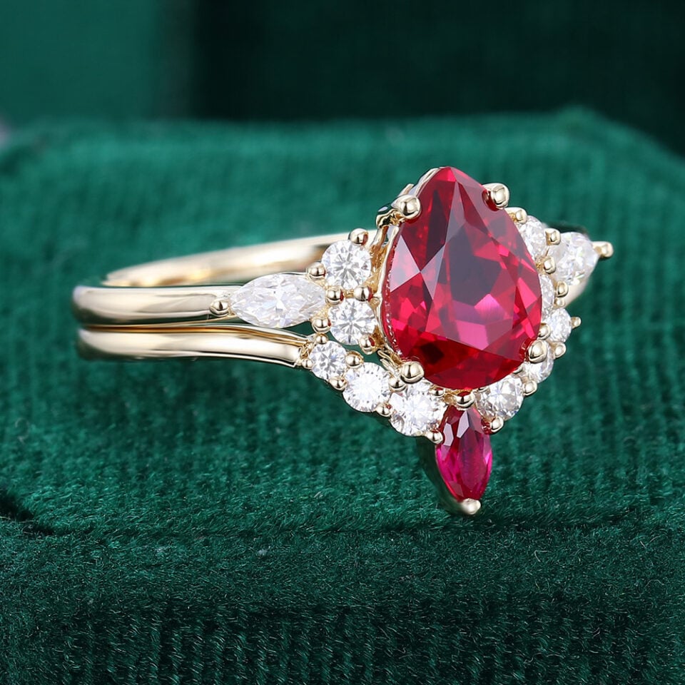 Pear Cut Ruby Engagement Ring Set Classic Cluster Bridal Ring Set (4)