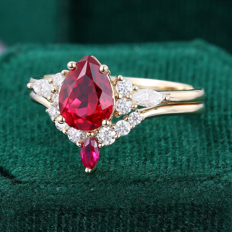 Pear Cut Ruby Engagement Ring Set Classic Cluster Bridal Ring Set (5)