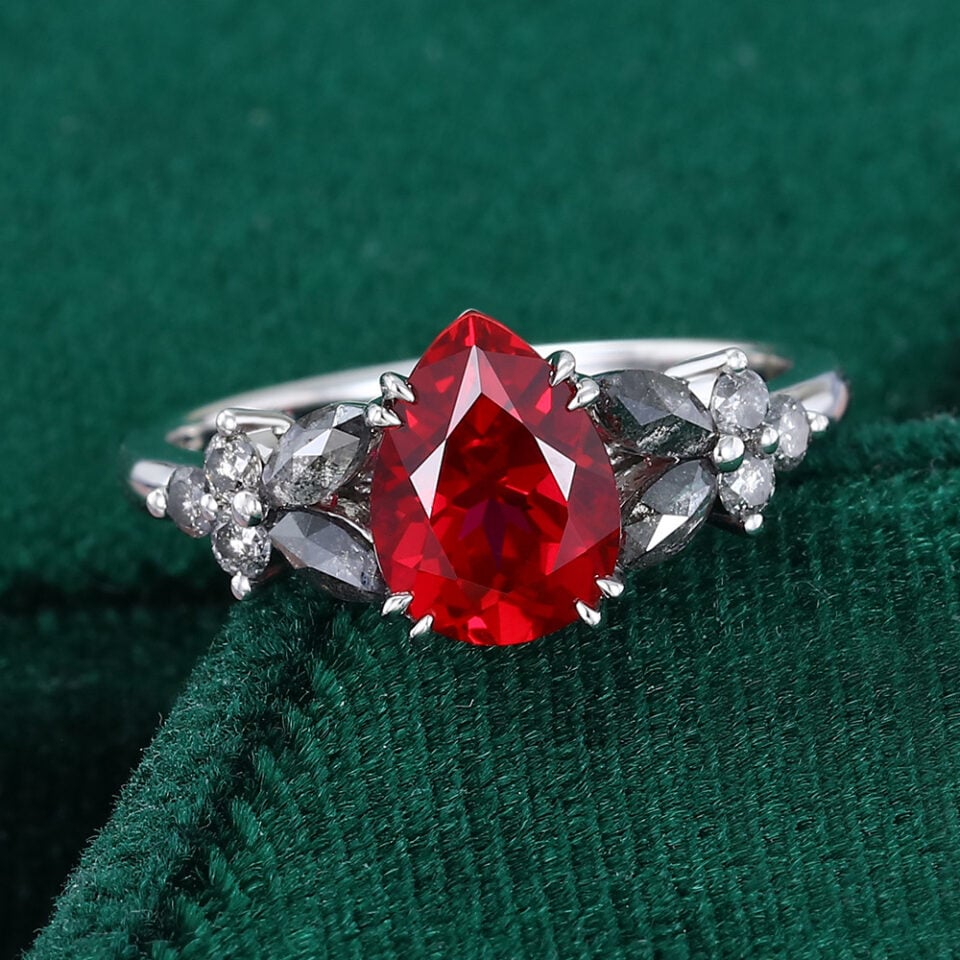 Pear Cut Ruby Engagement Ring With S&P Diamond Blossom (1)