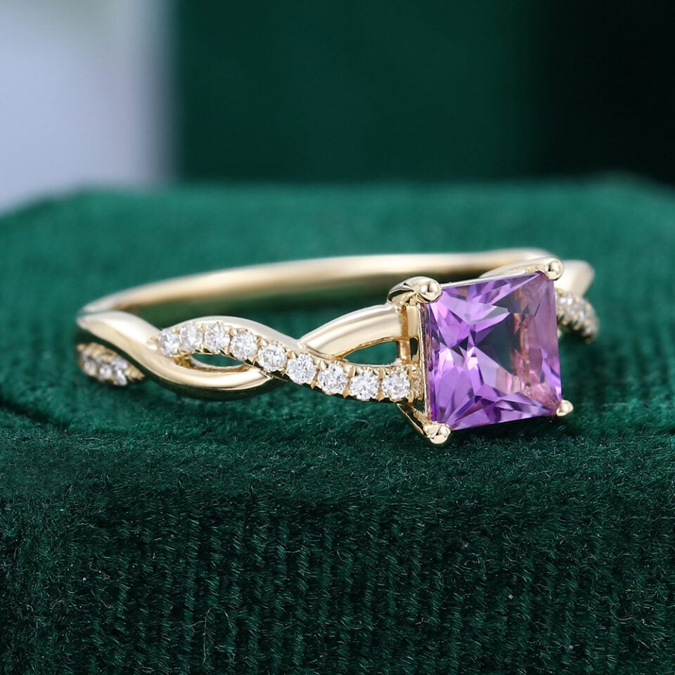 Princess Cut Amethyst Engagement Ring Crossover Shank Promise Ring (2)
