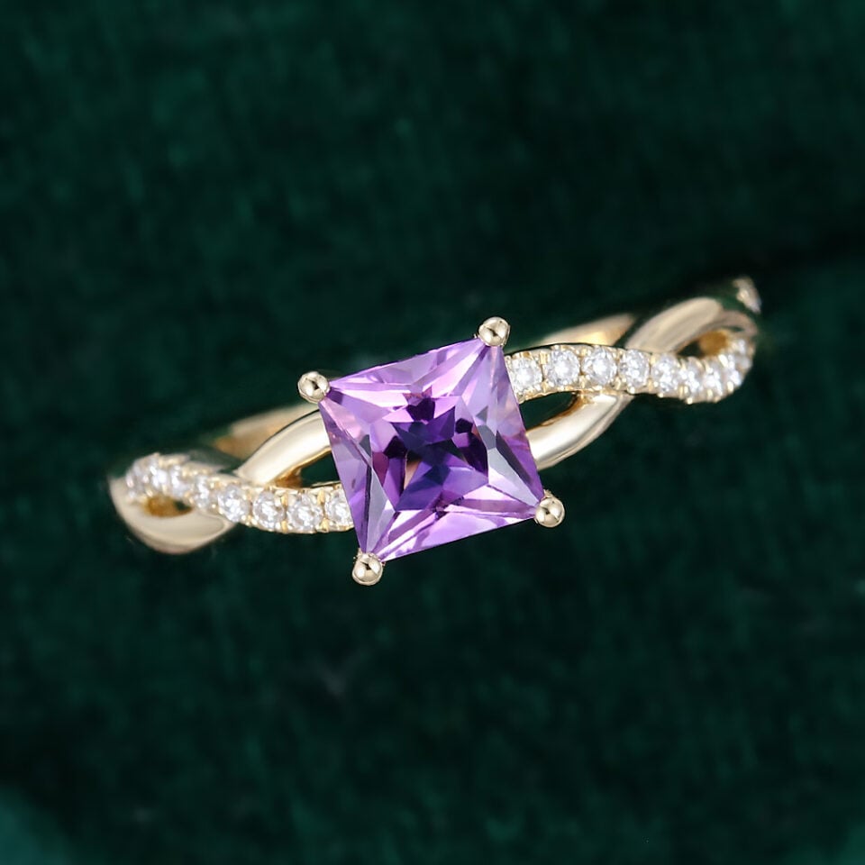 Princess Cut Amethyst Engagement Ring Crossover Shank Promise Ring (3)