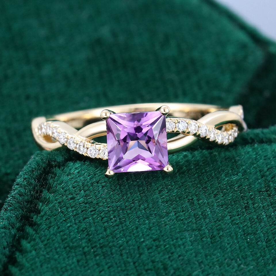 Princess Cut Amethyst Engagement Ring Crossover Shank Promise Ring (5)