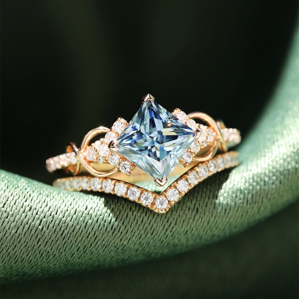 Princess cut blue gray moissanite infinity pavé engagement ring