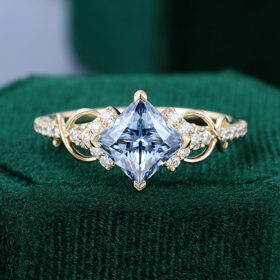 Princess cut blue gray moissanite infinity pavé engagement ring