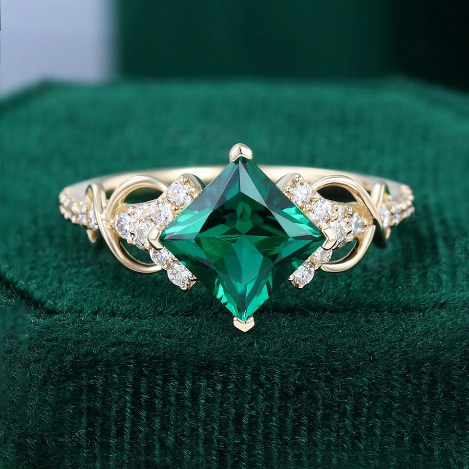 Princess Cut Emerald Infinity Pavé Engagement Ring May Birthstone Ring