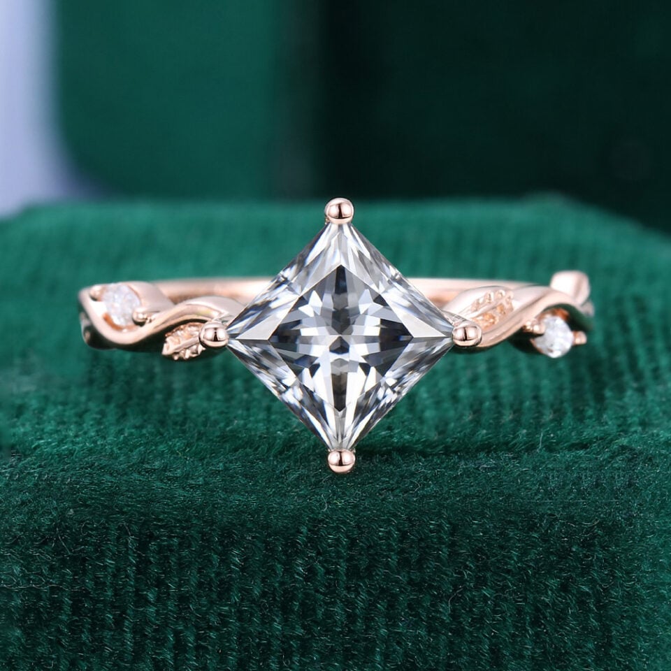 Leafwave | Princess Cut Gray Moissanite Engagement Ring With Alternating Leaf Band