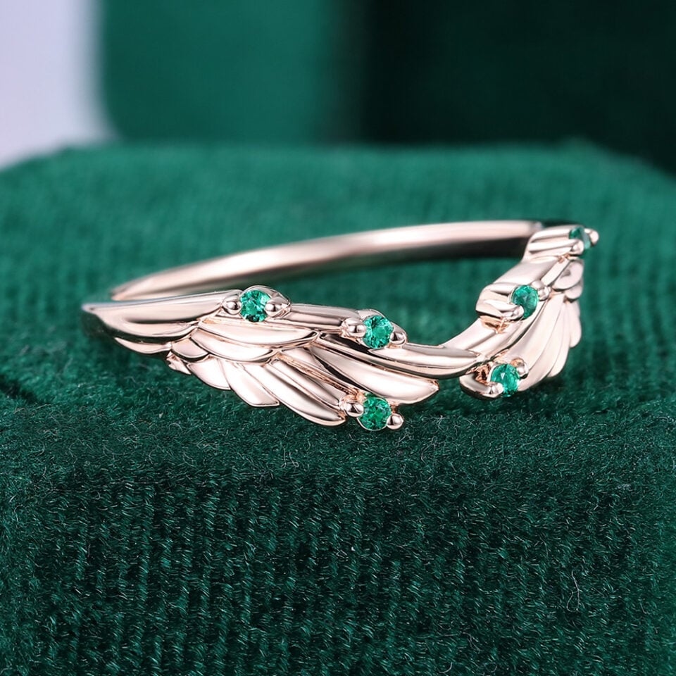Round Cut Emerald Curved Wedding Band Angel Wings Stacking Ring (3)