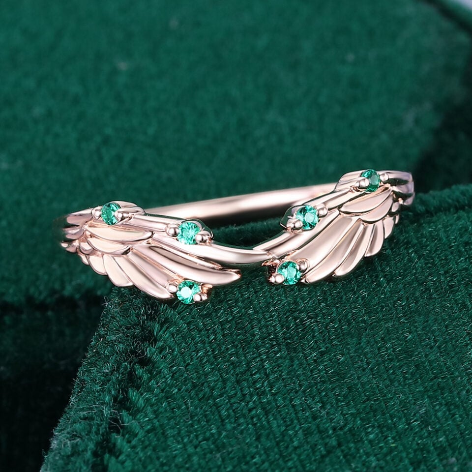 Round Cut Emerald Curved Wedding Band Angel Wings Stacking Ring (6)