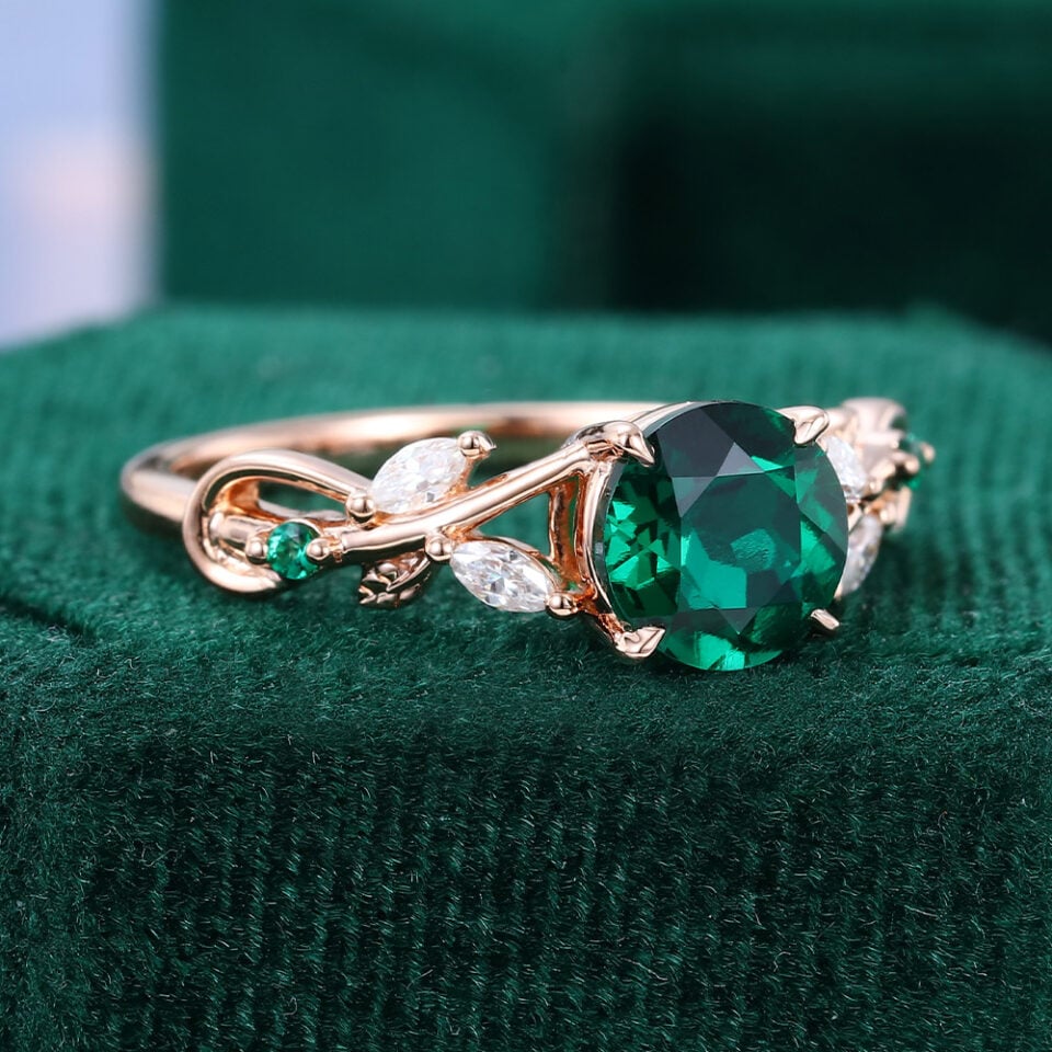 Round Cut Emerald Engagement Ring Nature Inspired Leaf Ring (5)