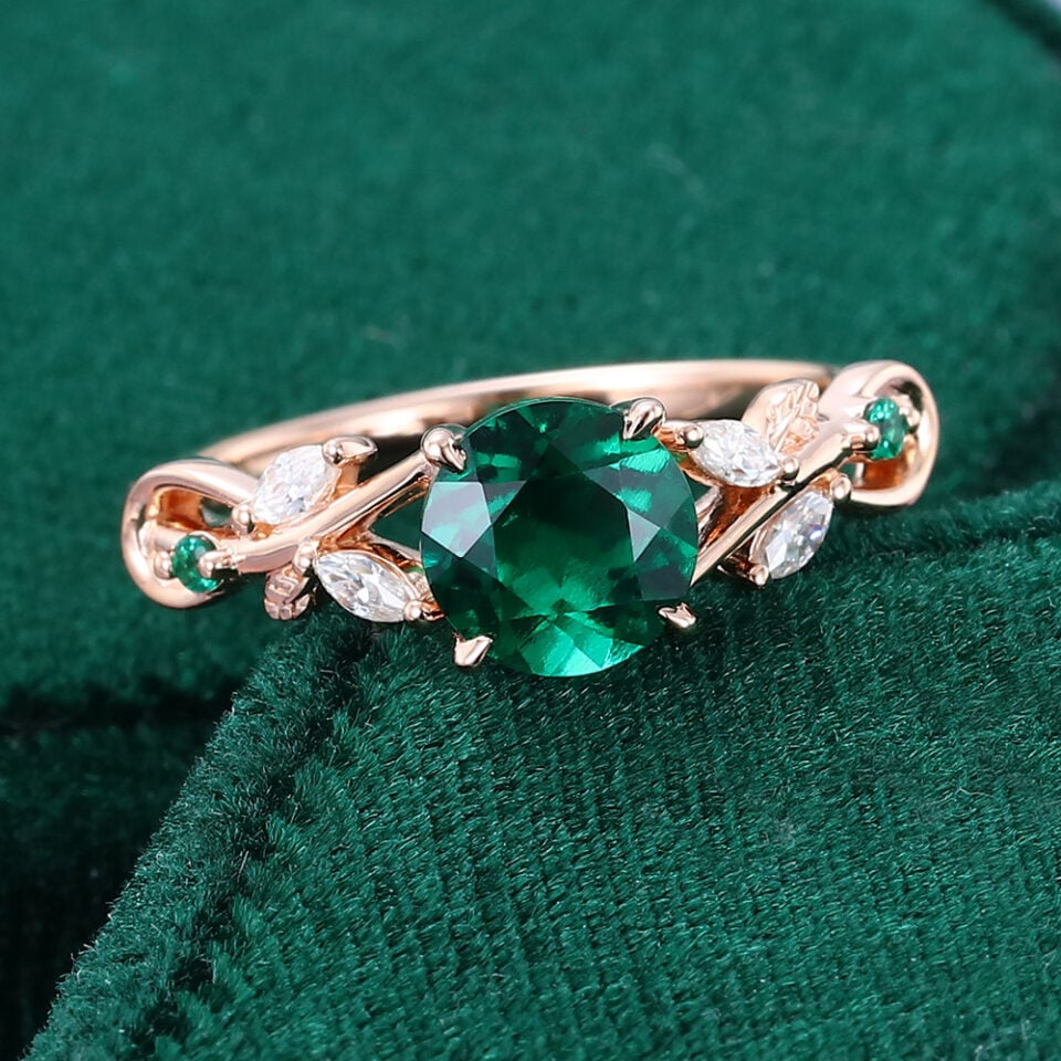 Round Cut Emerald Engagement Ring Nature Inspired Leaf Ring (6)