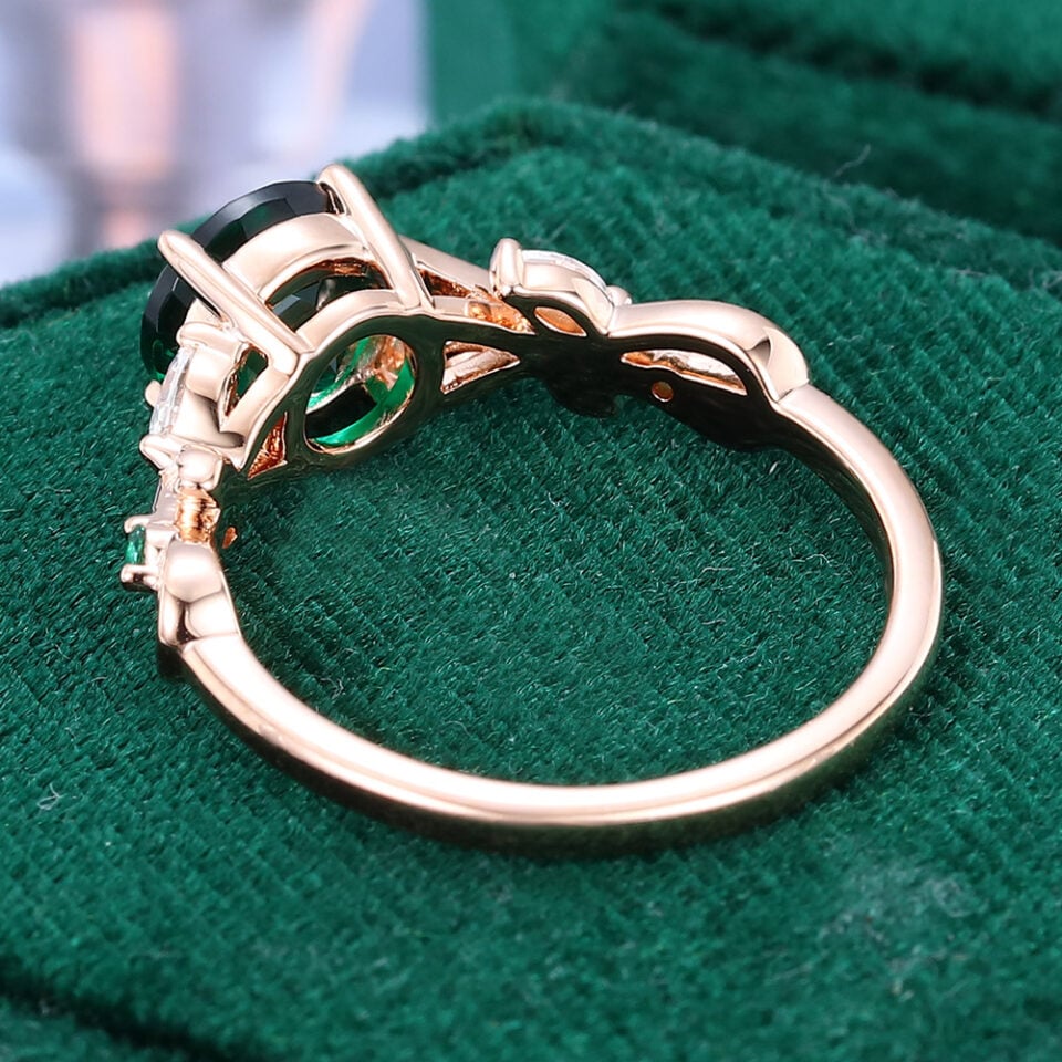 Round Cut Emerald Engagement Ring Nature Inspired Leaf Ring (7)