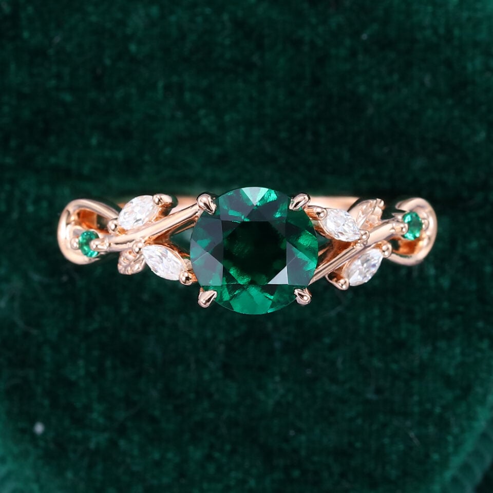 Round Cut Emerald Engagement Ring Nature Inspired Leaf Ring (8)