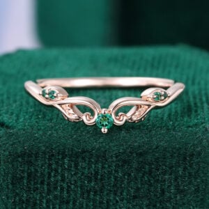 Emerald Filigree Curved Wedding Band Unique Stackable Matching Ring