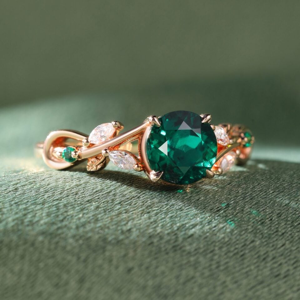 Round Cut Filigree Emerald Engagement Ring Nature Inspired Ring (1)