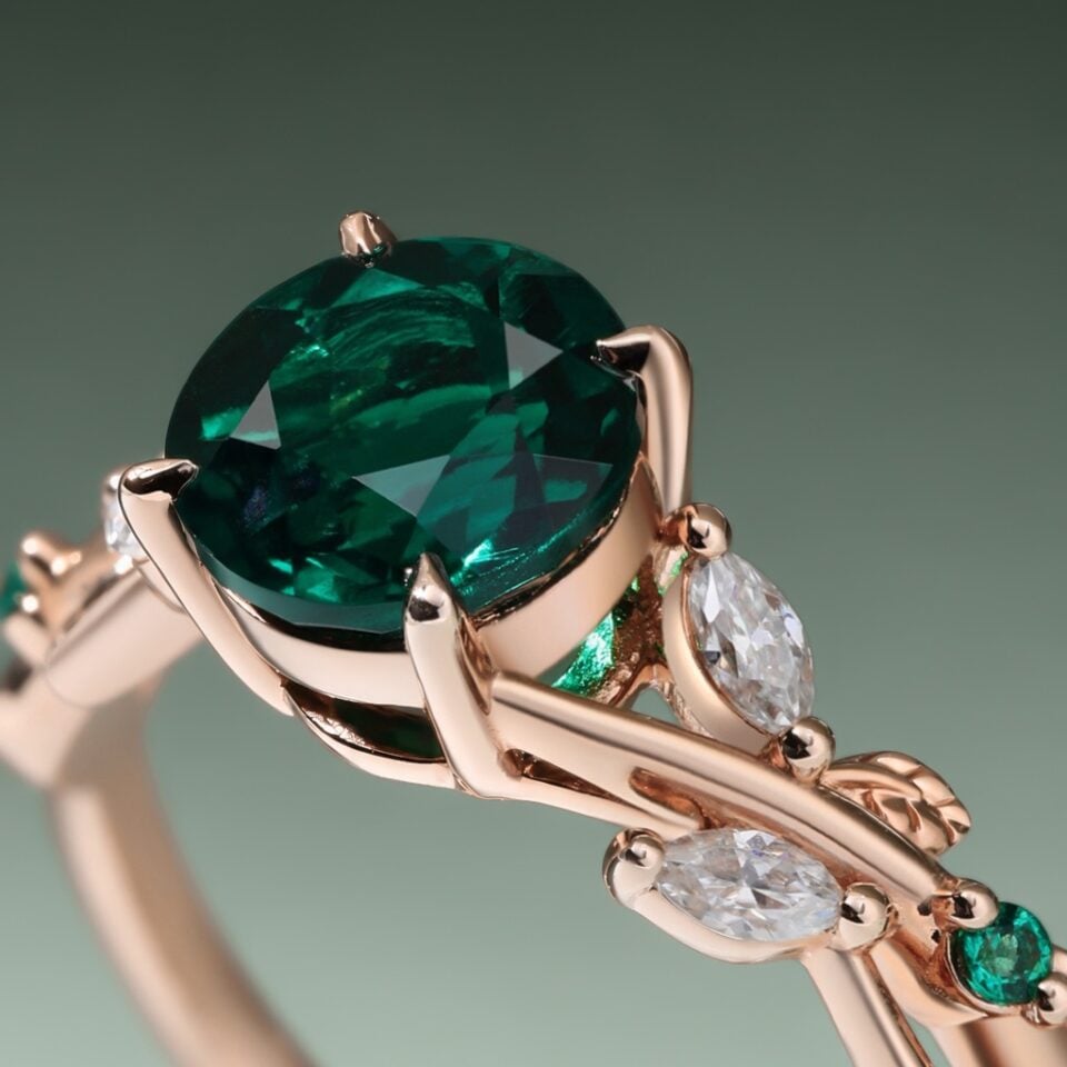 Round Cut Filigree Emerald Engagement Ring Nature Inspired Ring (2)