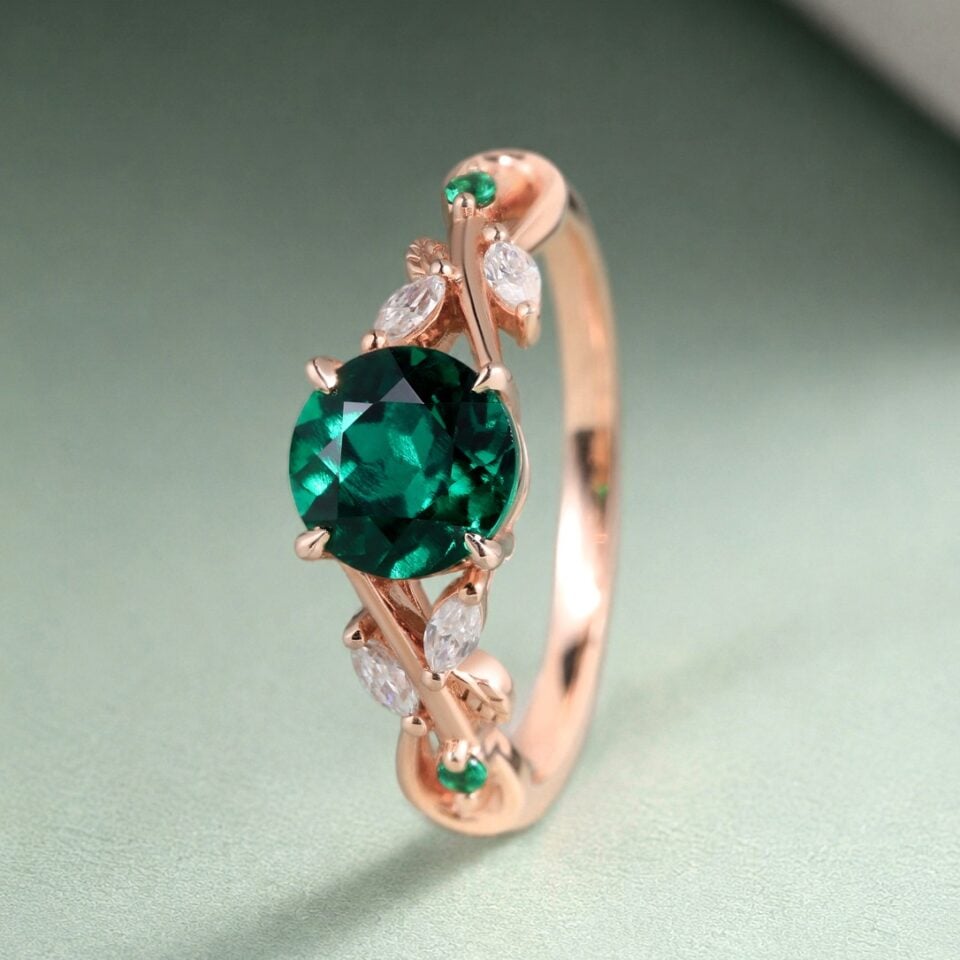 Round Cut Filigree Emerald Engagement Ring Nature Inspired Ring (3)