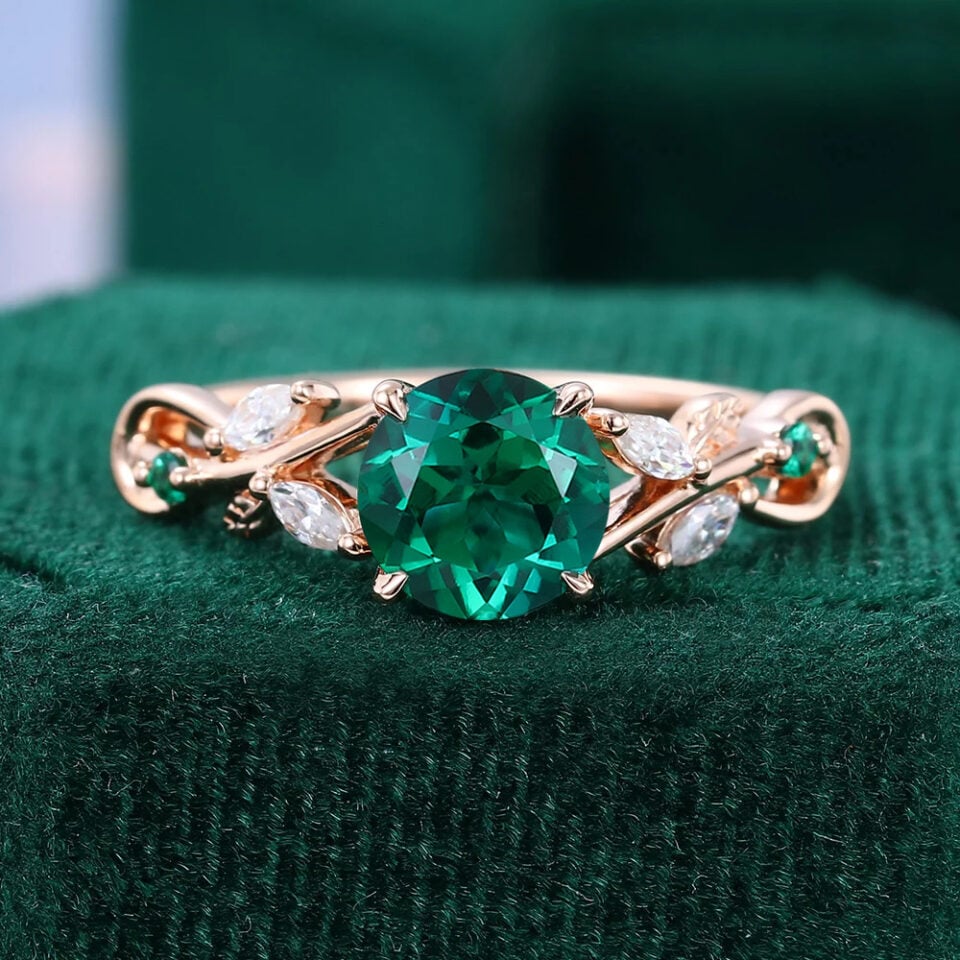 Round Cut Filigree Emerald Engagement Ring Nature Inspired Ring
