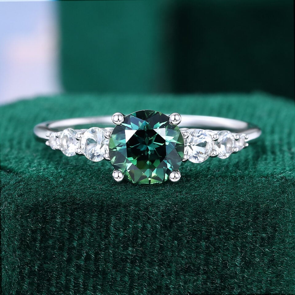 Round Cut Green Blue Sapphire Engagement Ring With White Sapphire Accents