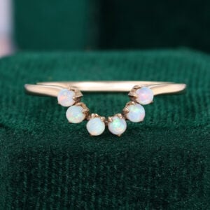 Round Cut Natural Opal Curved Wedding Band U Shaped Stacking Anniversary Ring