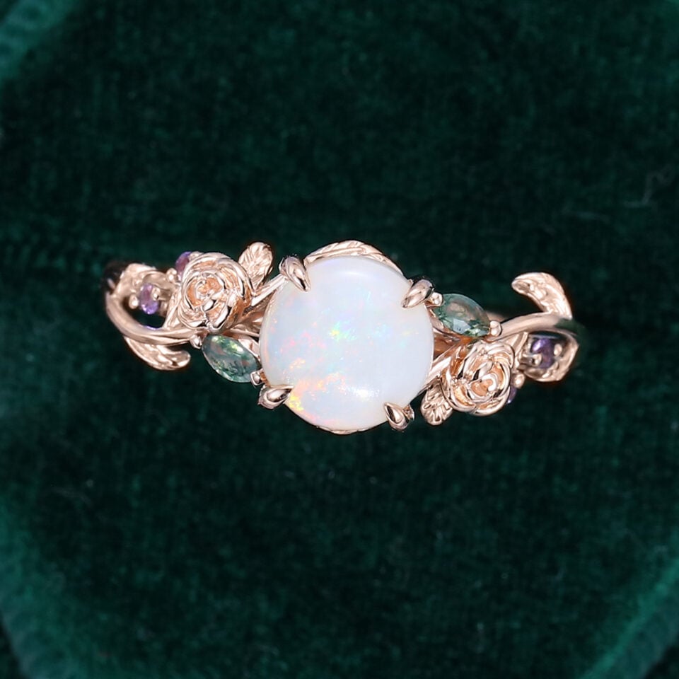 Round Cut Natural Opal Engagement Ring Floral Inspired Promise Ring (1)