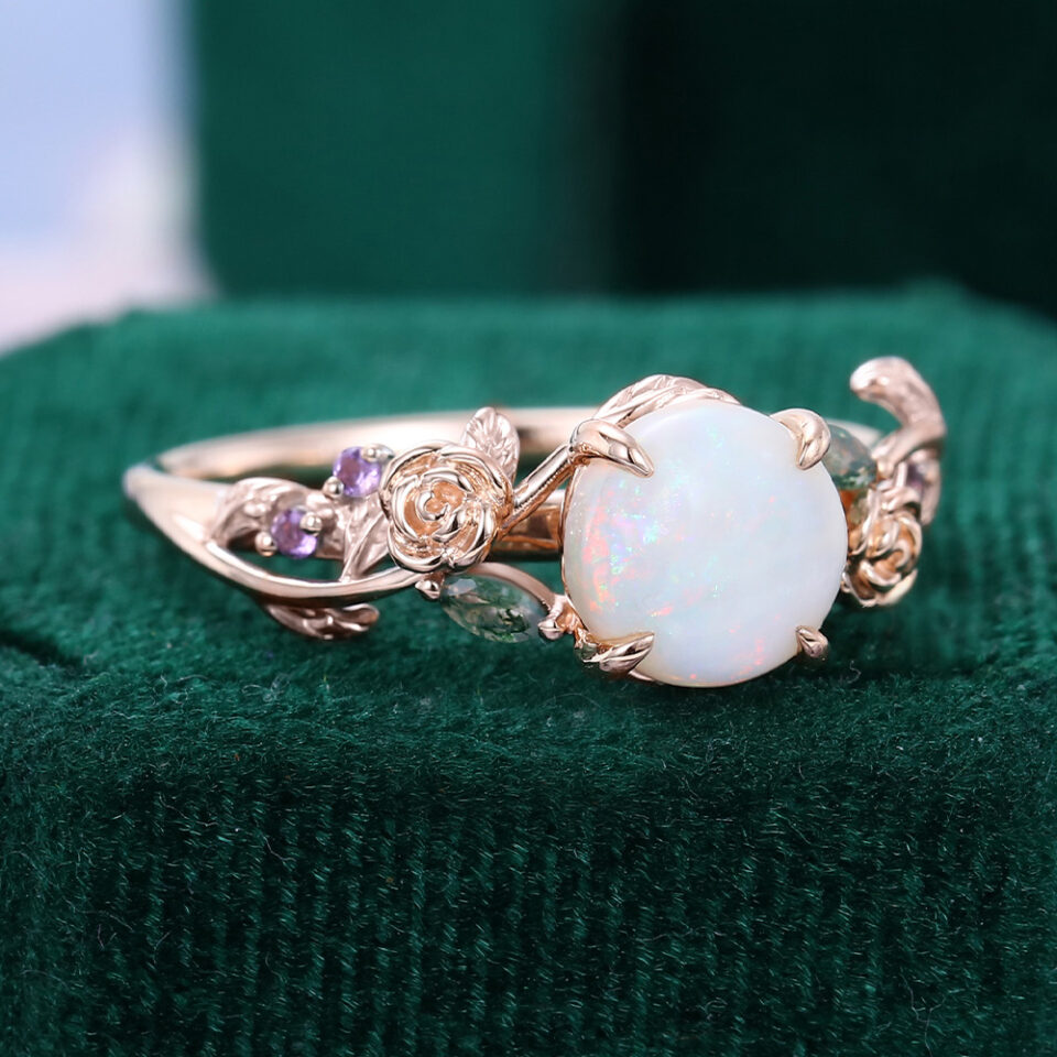 Round Cut Natural Opal Engagement Ring Floral Inspired Promise Ring (4)