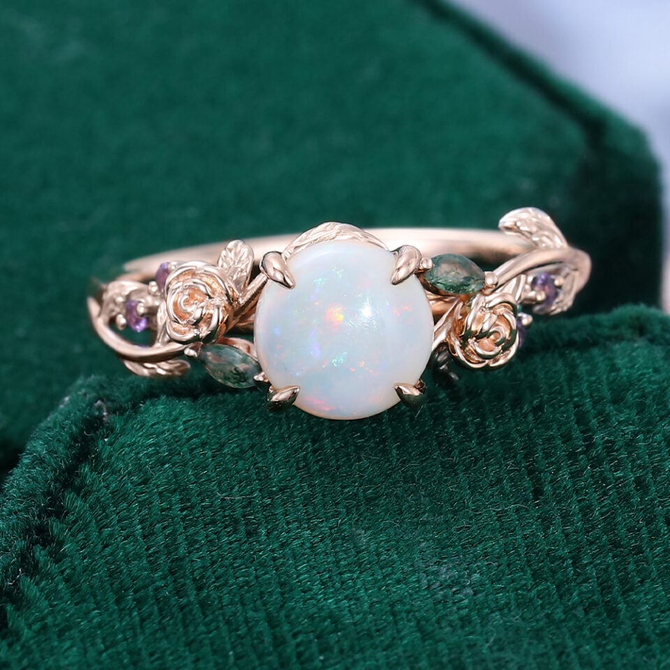 Round Cut Natural Opal Engagement Ring Floral Inspired Promise Ring (6)