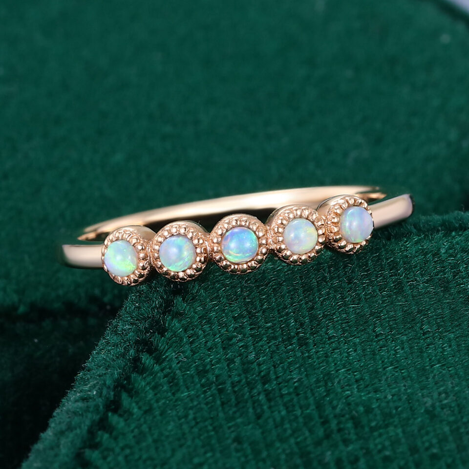 Round Cut Natural Opal Wedding Band Milgrain Design Stacking Anniversary Ring (3)