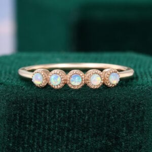 Milgrain Bezel Set Natural Opal Wedding Band Stackable Anniversary Ring For Women