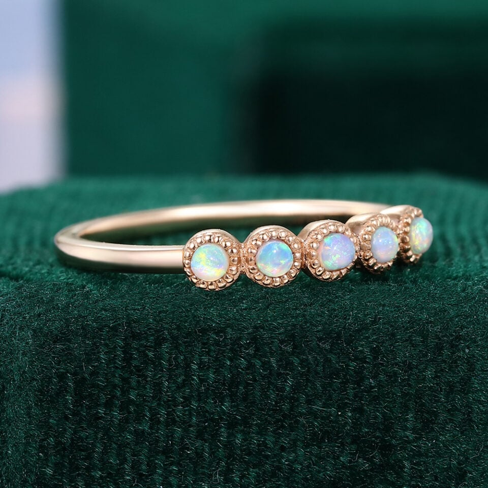 Round Cut Natural Opal Wedding Band Milgrain Design Stacking Anniversary Ring (5)
