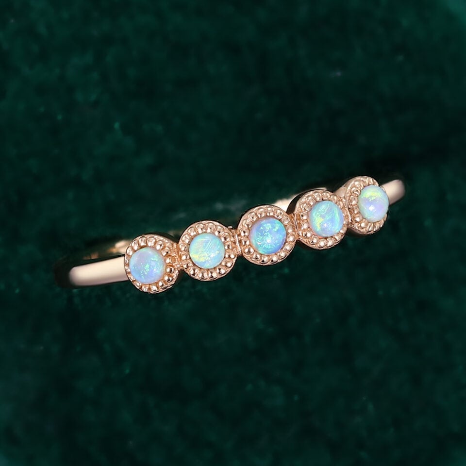 Round Cut Natural Opal Wedding Band Milgrain Design Stacking Anniversary Ring (6)