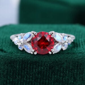 Blossom Cluster | Round Cut Ruby & Moonstone Engagement Ring – Bold Petals