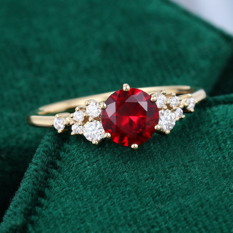 Round Cut Ruby Engagement Ring With Moissanite Cluster Accents (1)