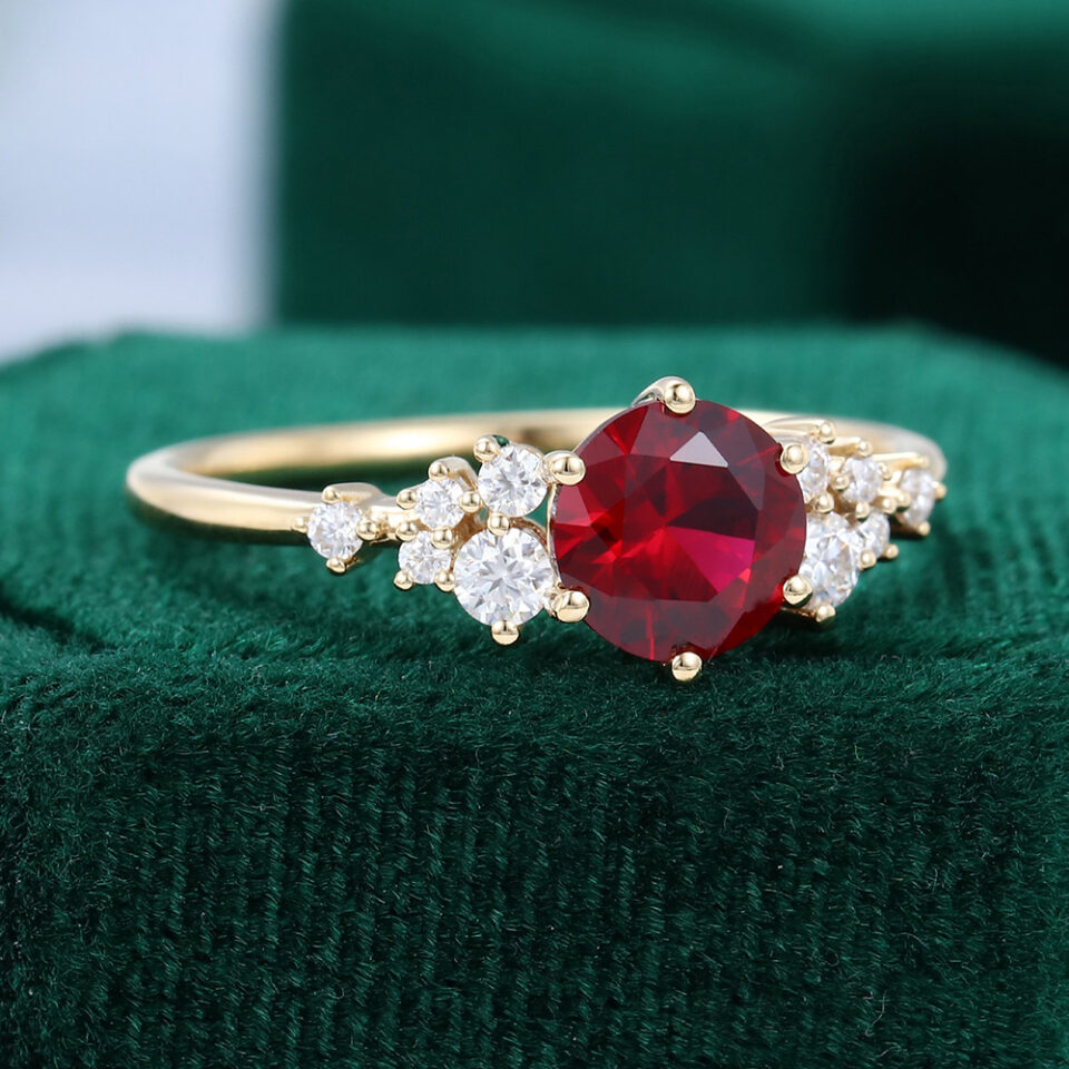 Round Cut Ruby Engagement Ring With Moissanite Cluster Accents (2)