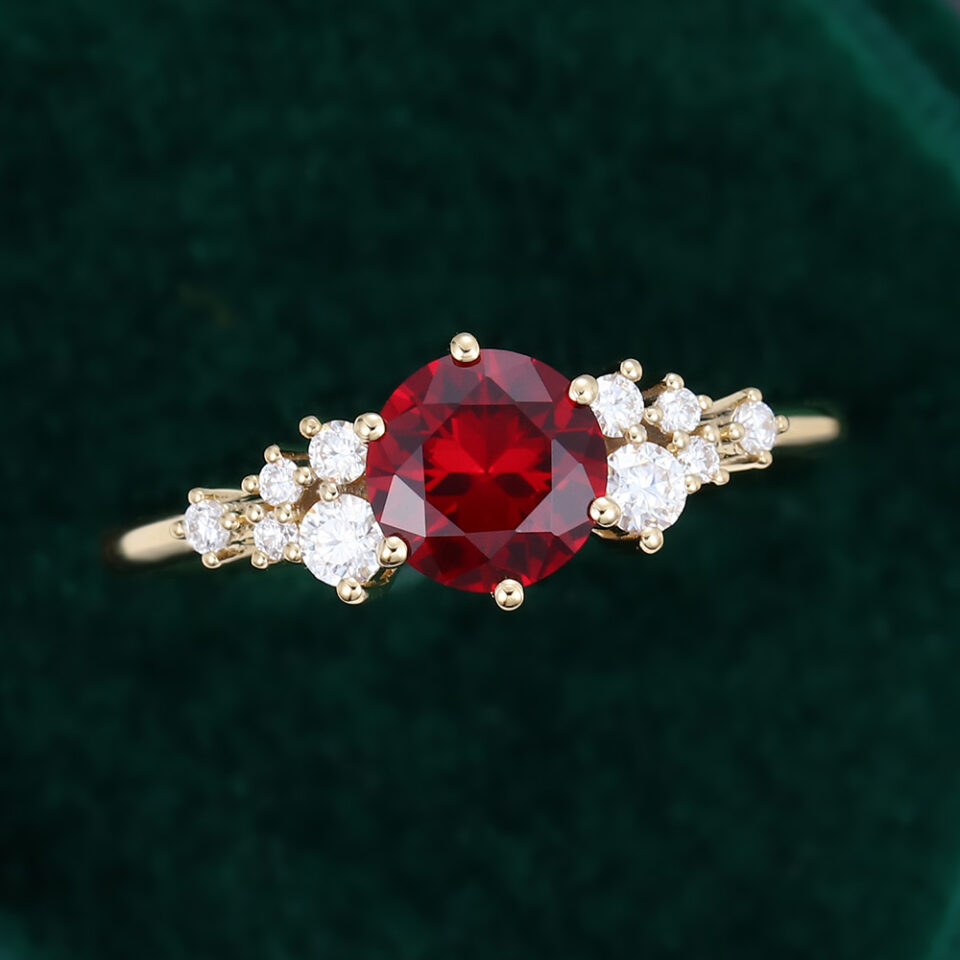 Round Cut Ruby Engagement Ring With Moissanite Cluster Accents (4)