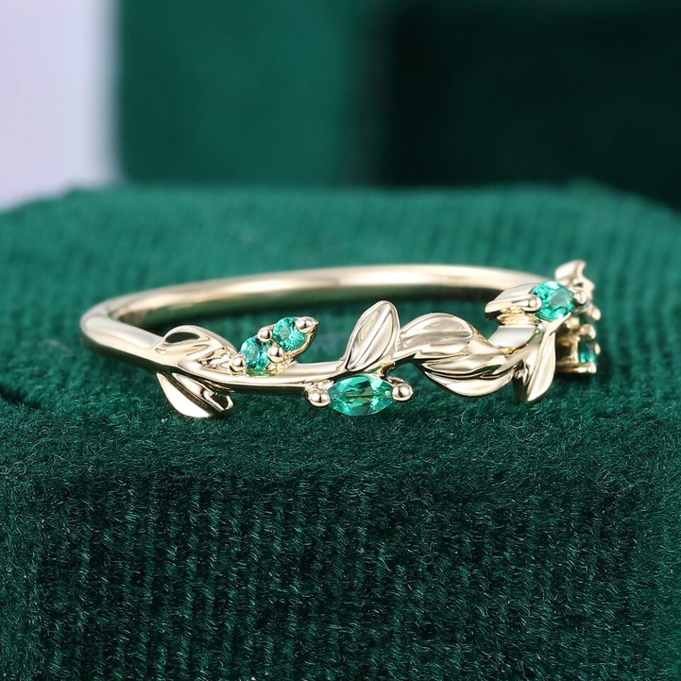 Round & Marquise Cut Emerald Wedding Band Leaf Inspired Stacking Ring (2)