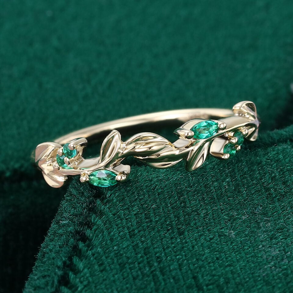 Round & Marquise Cut Emerald Wedding Band Leaf Inspired Stacking Ring (3)