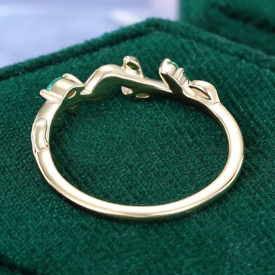 Round & Marquise Cut Emerald Wedding Band Leaf Inspired Stacking Ring (4)