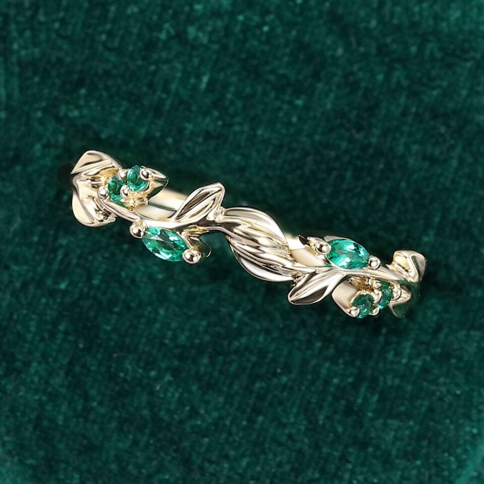 Round & Marquise Cut Emerald Wedding Band Leaf Inspired Stacking Ring (6)